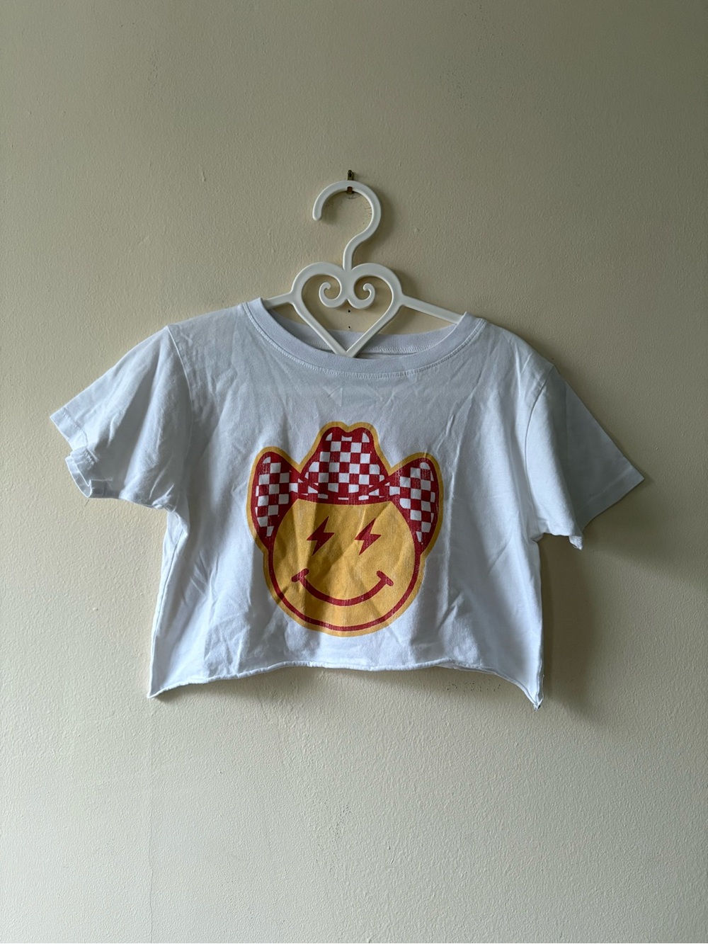 Prince Peter White Crop Tee w Cowboy Smiley Emoji - size L